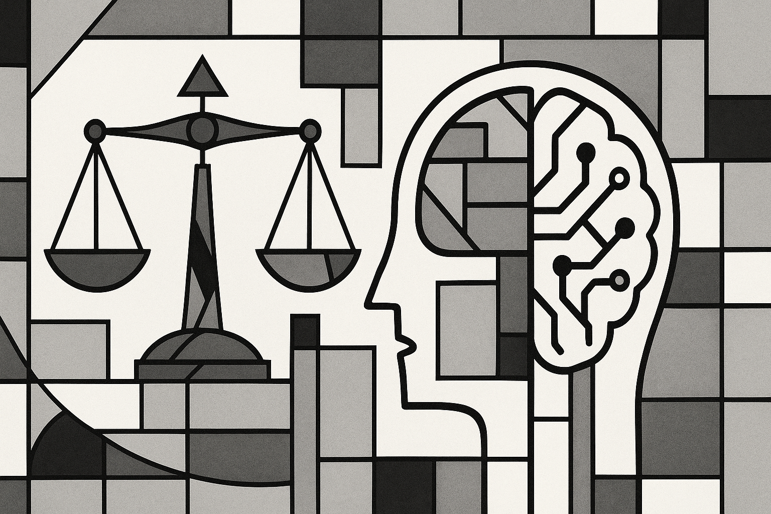 Illustration conceptuelle représentant l'éthique en intelligence artificielle avec des symboles de balance et de cerveau numérique